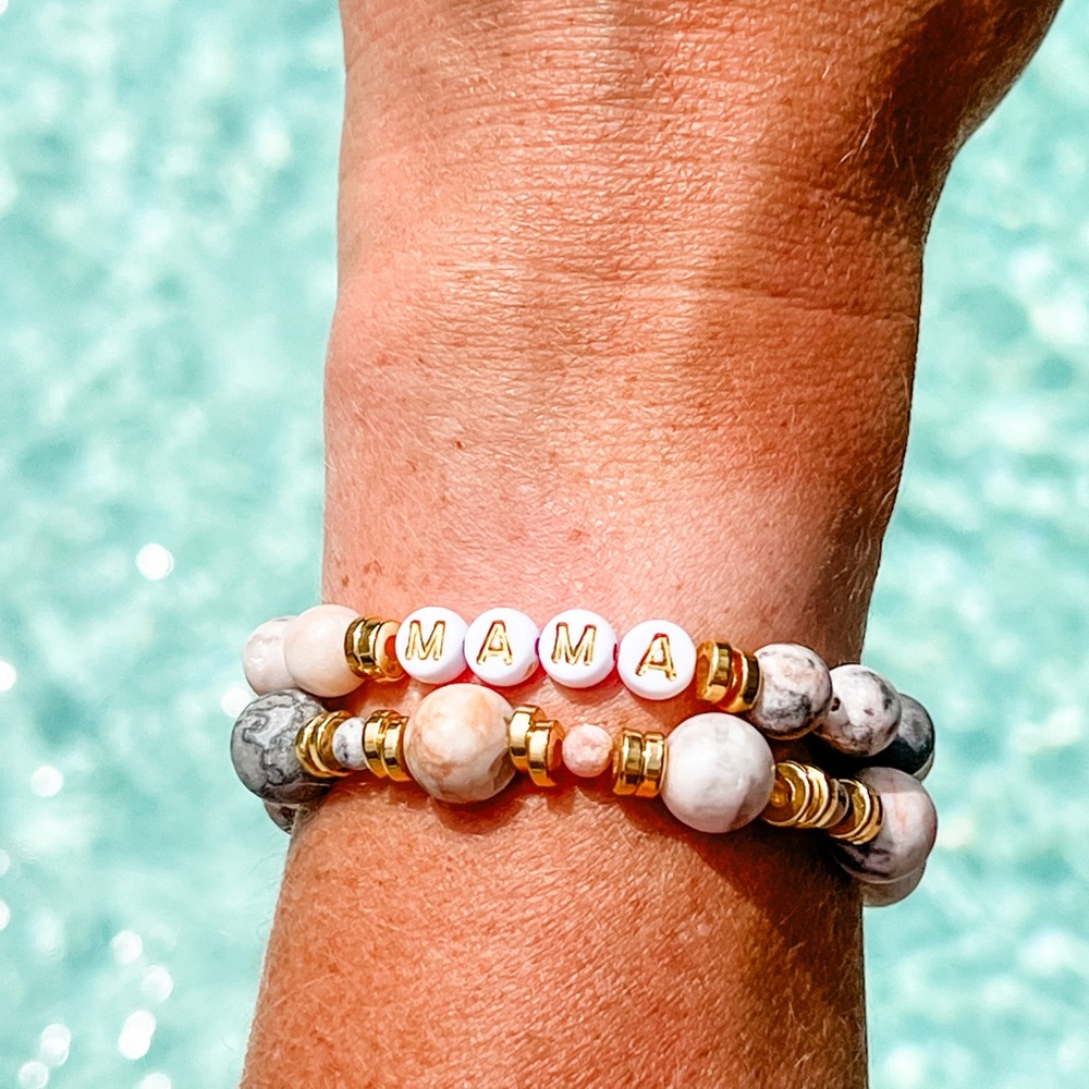 “MAMA” Pink Zebra Natural Stone Bead Bracelet Stacking Set